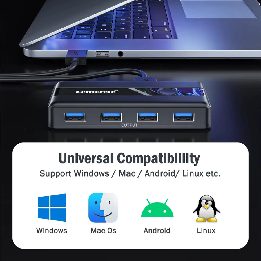 Lemorele USB 3.0 KVM Switch Adapter mit 2 Eingängen und 4 Ausgängen, USB Switcher für Tastatur und Drucker, Schwarz - Bild 4