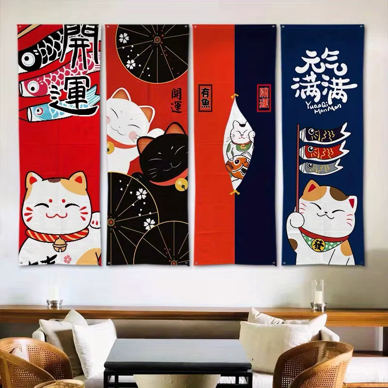 VIKAMA Wandbehang aus Segeltuch mit Cartoon-Glückskatzen im japanischen Stil, Kawaii Wandkunst für dein Schlafzimmer, Mehrfarbig - Bild 2