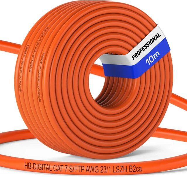 hb-digital CAT 7 Netzwerkkabel Ethernet/LAN S/FTP PiMF AWG23/1 LSZH B2ca GHMT zertifiziert, Farbe: Orange, Länge: 10 m - Bild 1