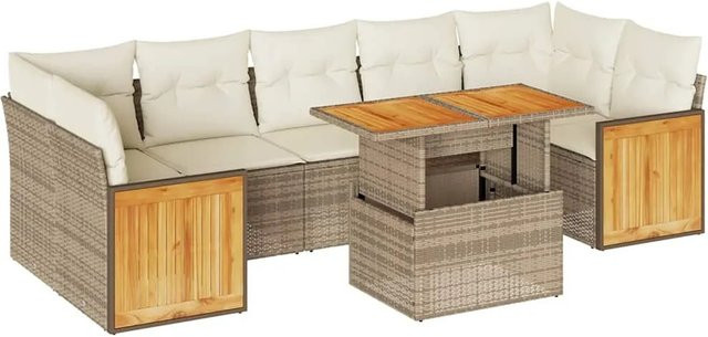 vidaXL 8-teilige Garten-Sofagarnitur aus Poly-Rattan und Akazienholz in Beige mit Kissen - Bild 1