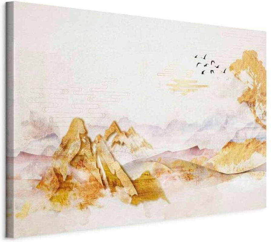 Modernes Leinwandgemälde Goldene Berge in Querformat als abstrakte Landschaftsdekoration in Gold und Mehrfarbig - Bild 1