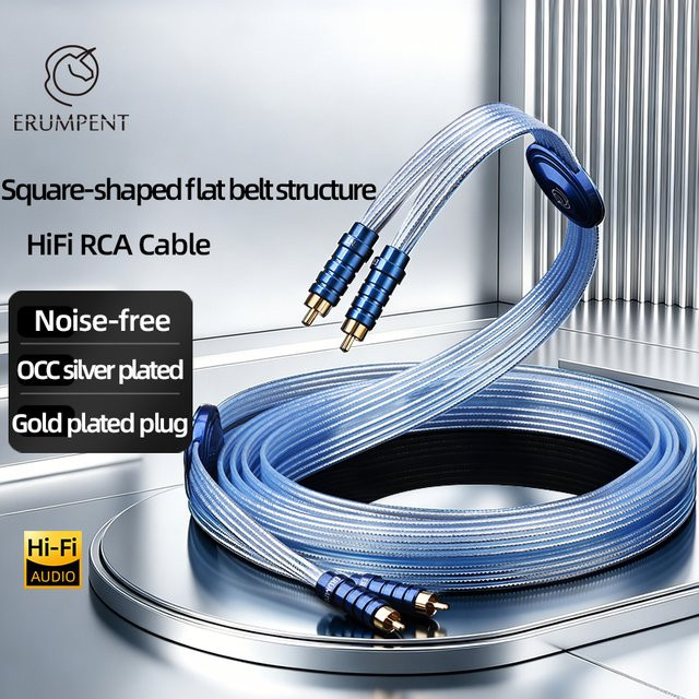 ERUMPENT Versilbertes HiFi RCA Audiokabel in Blau mit quadratischer Flachbandstruktur, 2RCA zu 2RCA Verbindungskabel für CD-Player und Verstärker - Bild 1