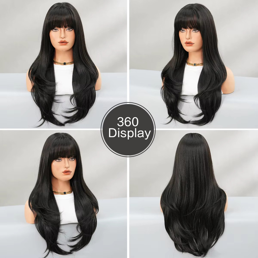 7JHH WIGS Perücke, lange gerade schwarze Synthetik-Haarperücke mit Pony, Damen - Bild 2