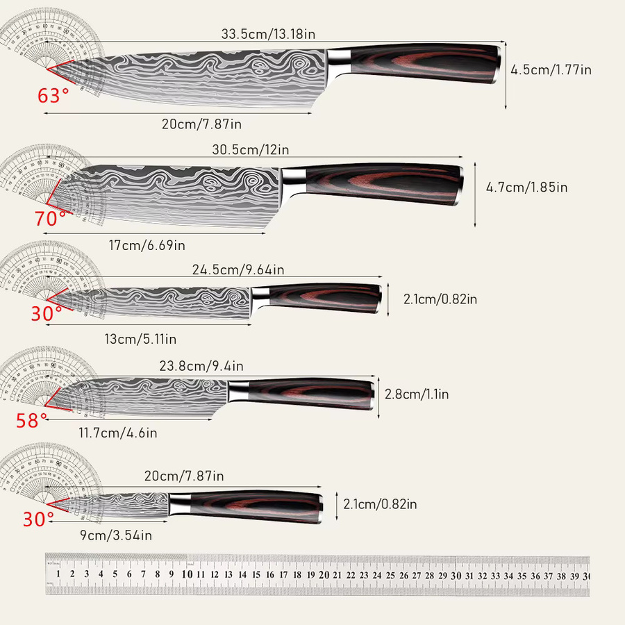 ZENG Küchenmesser-Set mit Lasermuster und ergonomischem Holzgriff in Schwarz, inklusive Santoku-Schneidemesser und Kochmesser - Bild 6