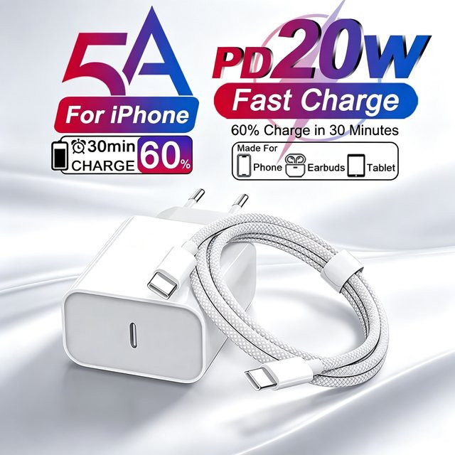 USB-C PD 20W Schnellladegerät mit 5A Datenkabel für Apple iPhone und iPad in Weiß - Bild 1
