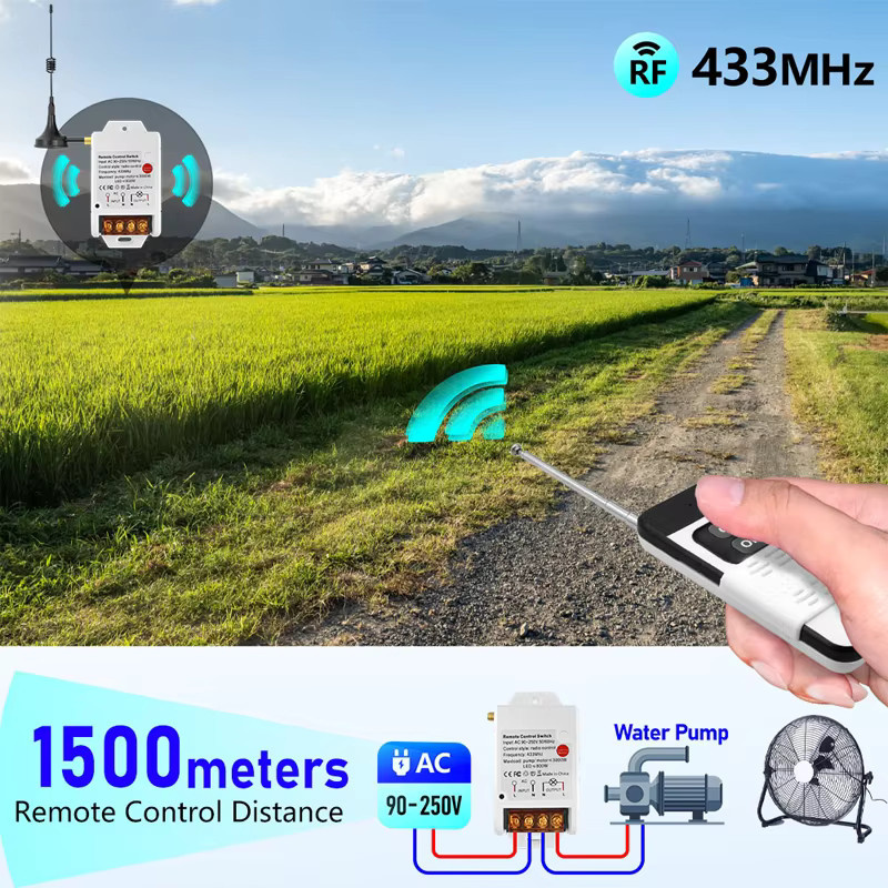 Tedeligo Universeller drahtloser Fernschalter 433 MHz mit RF-Sender und AC 220V 30A Relais-Empfänger für Wasserpumpen und Landwirtschaft mit 1000m Reichweite - Bild 3