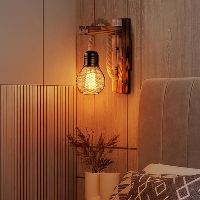 JOYINLED Retro Wandleuchte aus Holz und Hanfseil mit E27-Fassung, dekorative Wandlampe in Braun für Bar, Loft und Flur - Bild 1
