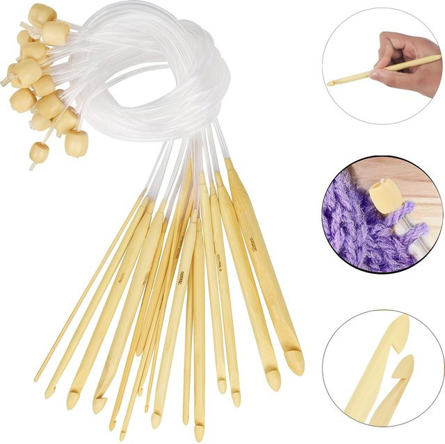 NOTIONSLAND Bambus-Stricknadeln und Häkelnadeln mit Kunststoffkabel und Perlenenden in Beige, 3 mm bis 10 mm - Bild 1