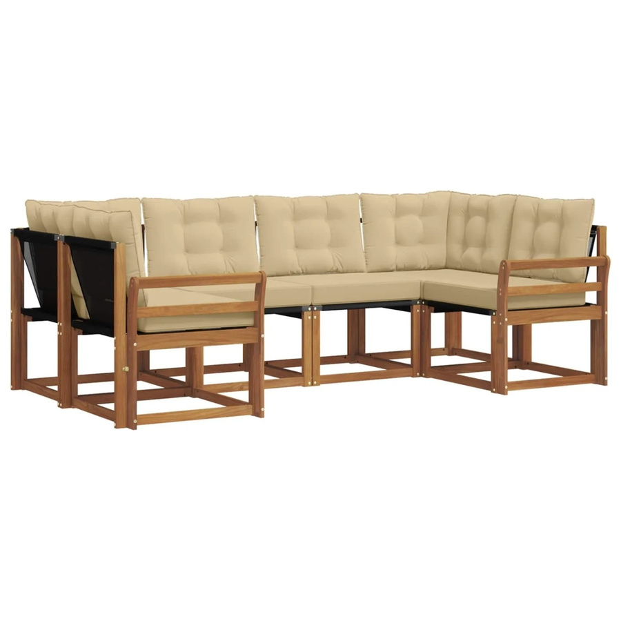vidaXL Outdoor-Sofagarnitur 6-teilig in L-Form aus Akazienholz und Textilene, Farbe Natur-Beige mit UV-beständigen Kissen - Bild 2
