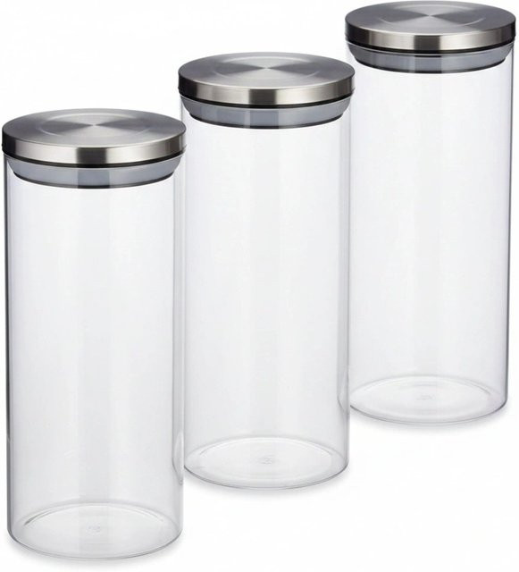 Relaxdays Vorratsglas 3er Set aus Borosilikatglas mit Edelstahldeckel, transparent, 1300 ml pro Glas, Höhe: 22 cm, Durchmesser: 9,5 cm - Bild 1