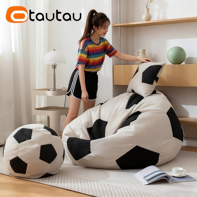 OTAUTAU Sitzsackbezug DD150 aus weichem Chenille mit Fußball-Design in Beige-Schwarz für Kinder und Erwachsene - Bild 1