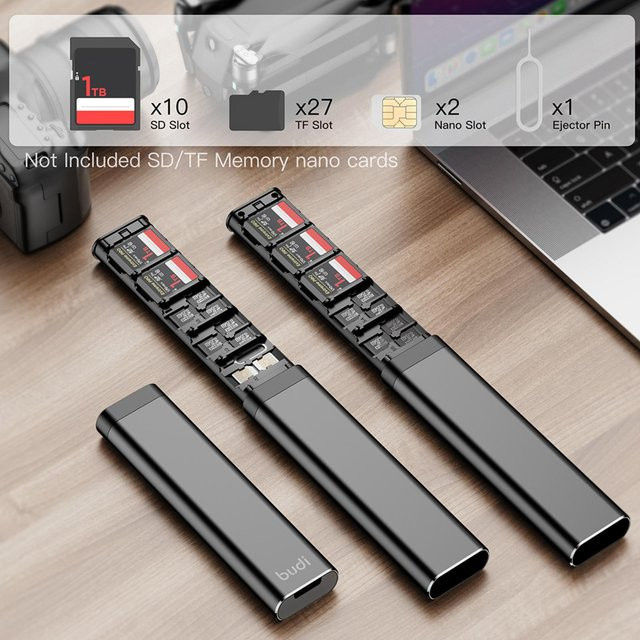 Tragbares SD-Kartenetui aus Metall mit Pop-up-Design in Schwarz für 10 SD-Karten, 27 Micro-SD-Karten und 2 SIM-Karten - Bild 1