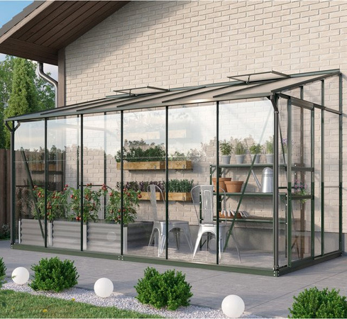 Vitavia Anlehn-Gewächshaus Osiris 7800 in Smaragdgrün mit Pultdach, 7,8 m², Aluminiumrahmen, ESG-Glas und Polycarbonat-Dachfenster