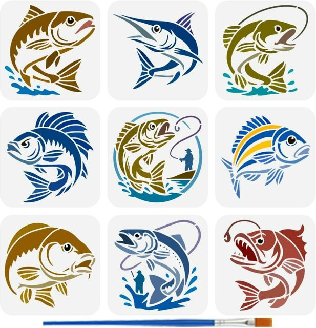 9 Stück Fischschablonen Set mit Kunststoff-Pinsel für Angler-Zeichnungen und Dekorationen, 9 verschiedene Stile, Größe: 15 x 15 cm - Bild 1