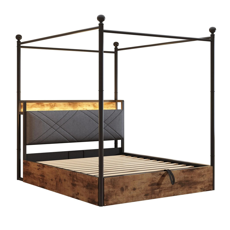 Merax Doppelbett mit Baldachin in Schwarz, inklusive LED-Unterbettbeleuchtung und USB-Ladeport, B/T/H: 140 x 190 x 208,6 cm - Bild 2