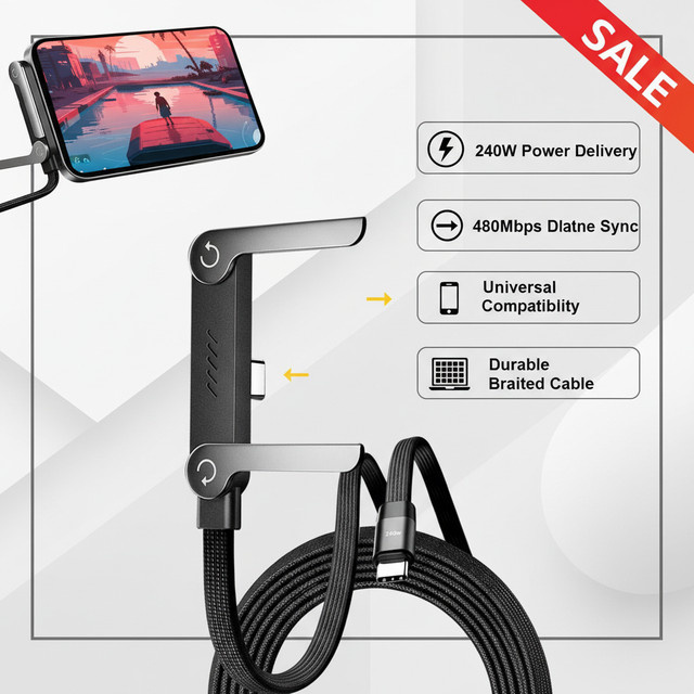 240W USB-C-Kabel mit faltbarem Handyständer in Schwarz für iPhone, Samsung, MacBook und Tablet - Bild 1
