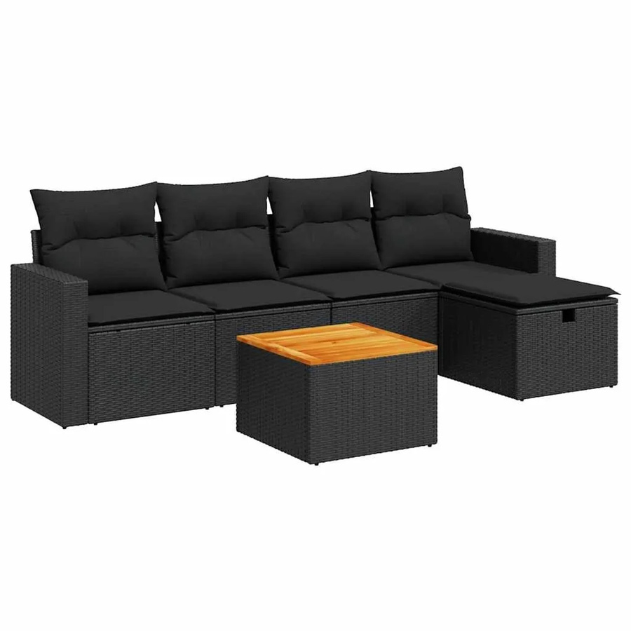 vidaXL 6-teilige Garten-Sofagarnitur aus Poly-Rattan und Akazienholz in Schwarz mit Kissen - Bild 2