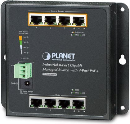 PLANET WGS-804HPT Managed Switch Schwarz mit 4 x 10/100/1000 PoE+ und 4 x 10/100/1000 Ports zur DIN-Schienen- oder Wandmontage - Bild 1