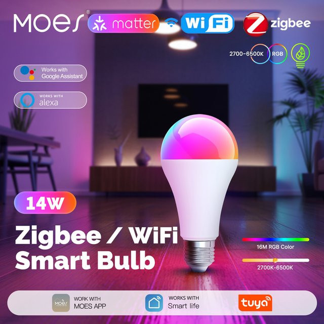 MOES Smart Matter LED-Birne E27 mit 14W, RGB Multicolor, WiFi und Zigbee, Tuya App-Steuerung mit Musiksynchronisierung und 16M Farben - Bild 1