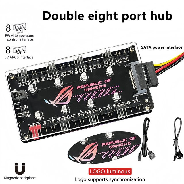 AuyiHomu Dualer 8-Kanal-PWM-ARGB-Lüfter-Hub in Schwarz mit magnetischer Rückplatte und beleuchtetem Logo, unterstützt 5V 3-Pin und 12V 4-Pin Gehäuselüfter, SATA-Betrieb - Bild 1