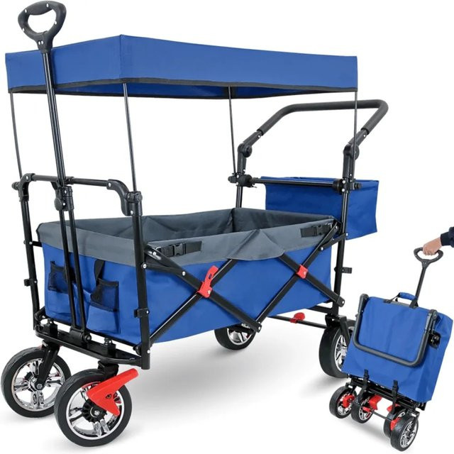 DELUKE Bollerwagen REGGI für Kinder und Tiere, faltbarer Transportwagen mit Dach und Feststellbremsen, Blau, belastbar bis 80 kg - Bild 1