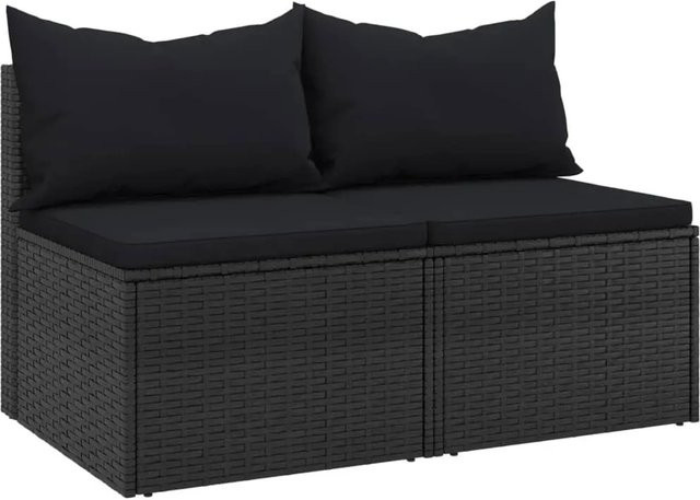 vidaXL Garten-Mittelsofas Set aus 2 Stück in Schwarz aus Poly Rattan mit Kissen - Bild 1