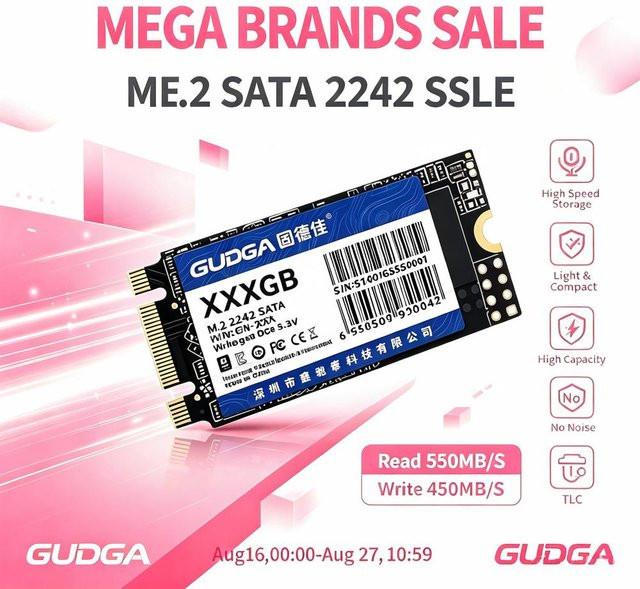 GUDGA M.2 SATA 2242 SSD NGFF Interne Solid-State-Festplatte mit TLC für Laptop und Desktop - Bild 1
