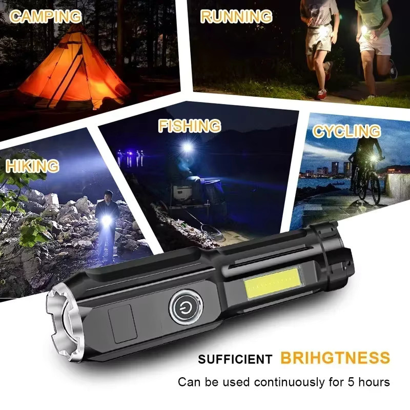 KDULIT Hochleistungs-LED-Taschenlampe in Schwarz mit Zoom-Funktion, COB-Seitenlicht und wiederaufladbarem Akku für Outdoor, Camping und Angeln - Bild 6