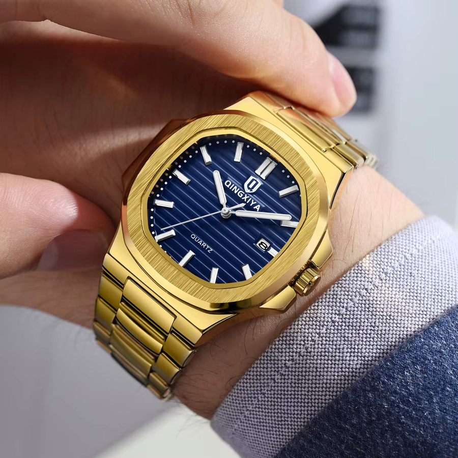 QINGXIYA Armbanduhr Quarz, Edelstahl, Gold, Eckig, Herren - Bild 6