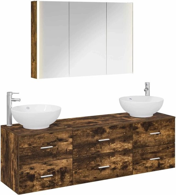 vidaXL Badezimmermöbel-Set 4-teilig in Geräucherte Eiche, modernes Design mit Spiegelschrank, Wandschrank und LED-Beleuchtung, Braun Matt - Bild 1