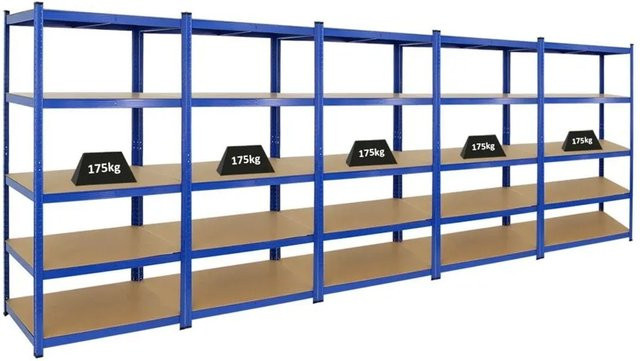 PROREGAL Taurus Schwerlastregal Set 5 Stück, Blau, H x B x T: 180 x 90 x 60 cm, Fachlast 175 kg, mit verstellbaren Regalböden aus MDF-Holzplatten und pulverbeschichtetem Metall - Bild 1