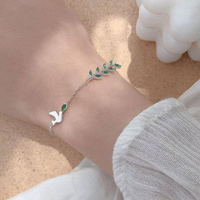 Armband 925 Silber, Kristall, Grünes Blatt Vogel Charm, Damen - Bild 1