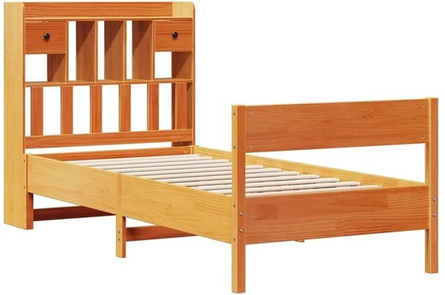 vidaXL Massivholzbett aus Kiefernholz mit Regal in Wachsbraun, B/T/H: 100 x 200 cm - Bild 1
