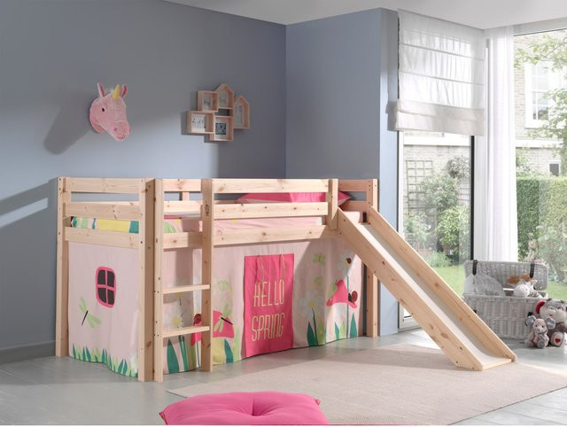 Vipack Spielbett Pino aus massivem Kiefernholz mit Rutsche und Vorhang in Dessin Spring - Bild 1
