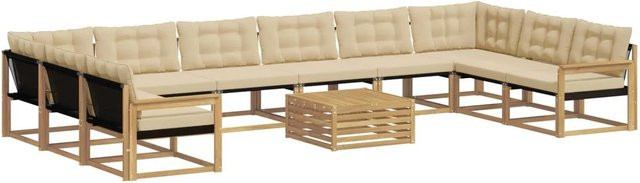 vidaXL Outdoor-Sofagarnitur aus Akazienholz in U-Form mit Textilene und Kissen, 11-teilig, Weiß und Beige - Bild 1