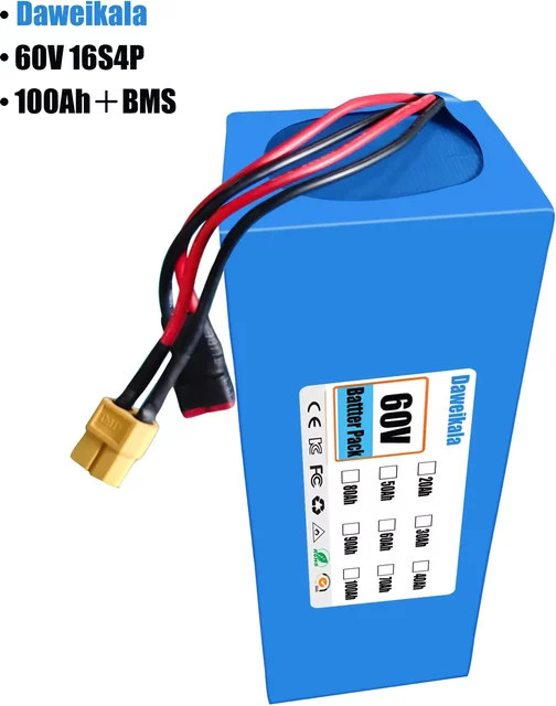 DAWEIKALA Lithium-Akku 60V 100Ah 16S4P für Elektrofahrzeuge mit Ladegerät und 50A Batteriemanagement in Blau - Bild 1