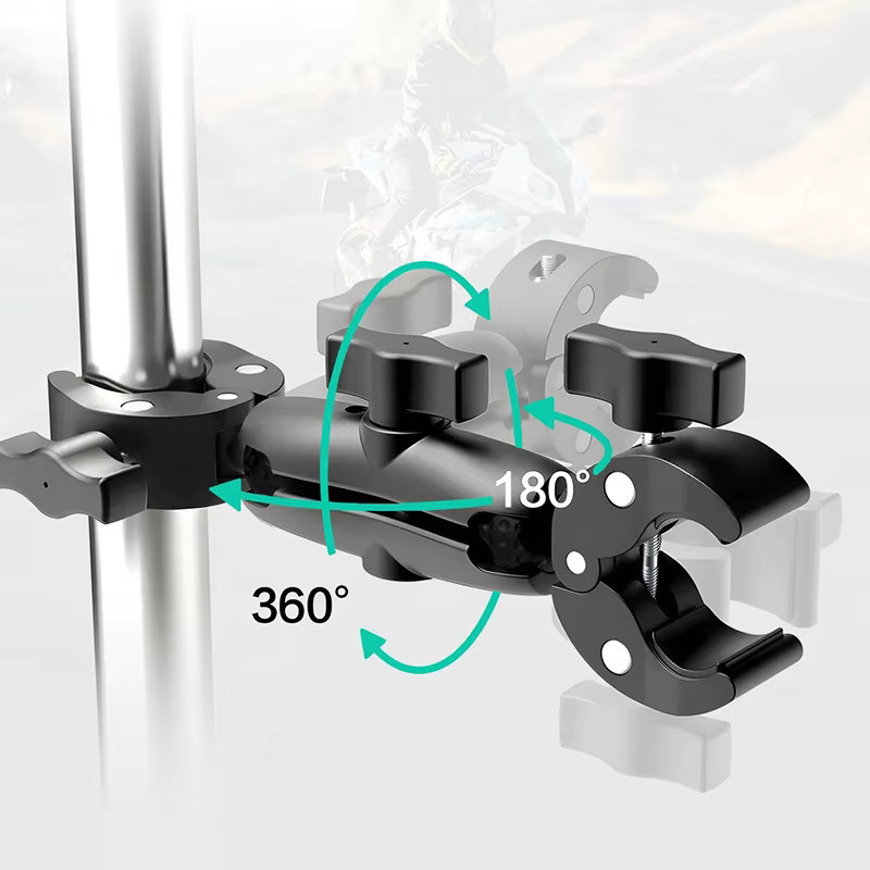 Mrgabwte Doppel Clamp Kamera Halterung mit Clip und Arm in Schwarz für GoPro Hero, Insta360 und DJI Sport zur Montage an Motorrad Lenker oder Stange - Bild 2
