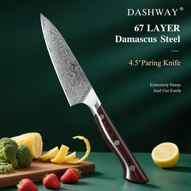 DASHWAY Damaszener Schälmesser aus 67-lagigem Stahl, Japanisches Profi-Küchenmesser als Allzweckmesser für Fleisch und Obst, Mehrfarbig, Klingenlänge: 11,43 cm - Bild 1