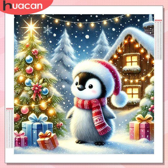HUACAN Diamant-Gemälde Set Pinguin im Winterhaus als Wanddekoration mit Full Round Strasssteinen für Weihnachten B/H: 20 x 20 cm - Bild 1