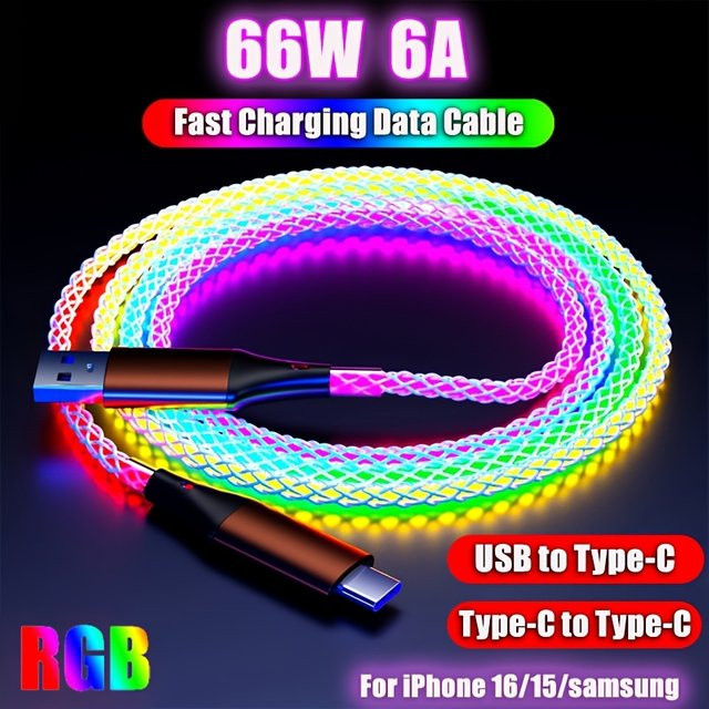 VBNM USB-C auf USB-C Schnellladekabel mit RGB-Atemlicht, Multicolour, kompatibel mit iPhone 16/15, Samsung S23/S22, Xiaomi 14/13 Pro und K60 - Bild 1