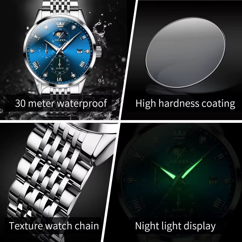 OLEVS Armbanduhr, Quarz, Chronograph, Edelstahl, Blau, Herren - Bild 3