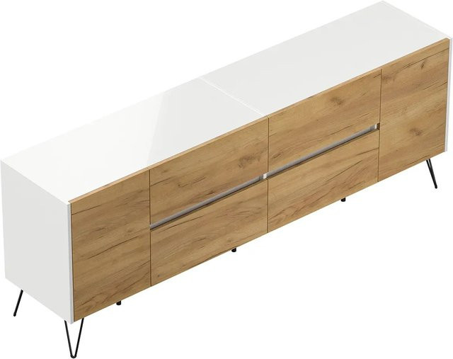 Posseik Sideboard Industrial mit 4 Schubladen und 2 Türen in Weiß und Eiche, Breite: 200 cm - Bild 1