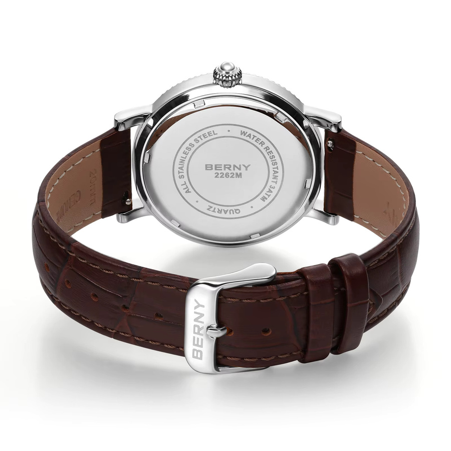 BERNY Armbanduhr Quarz, Edelstahlgehäuse, 40 mm, Lederarmband, Herren - Bild 4