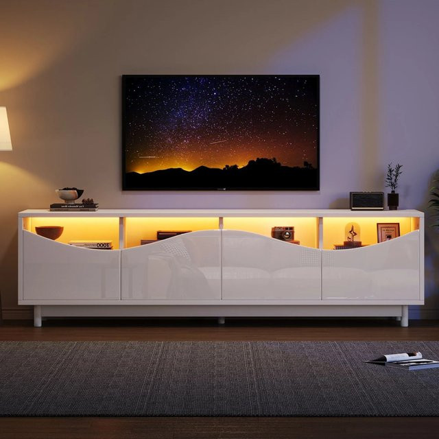Merax TV Lowboard Modern in Weiß Hochglanz mit LED und Glastür, B/T/H: 175 x 38 x 51 cm - Bild 1
