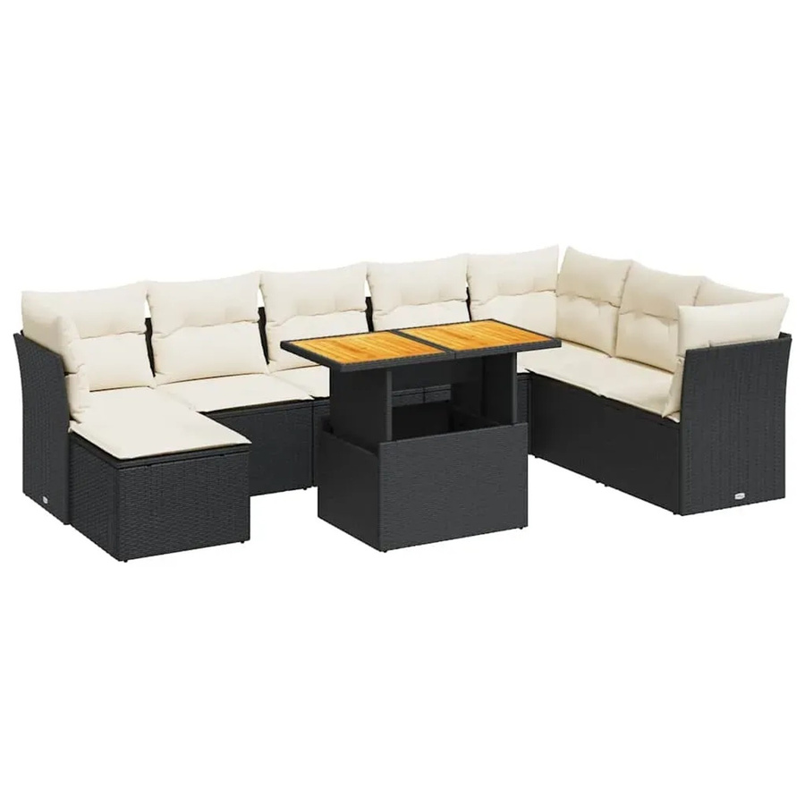 vidaXL 9-teilige Garten-Sofagarnitur aus Poly-Rattan und Akazienholz in Schwarz-Creme mit Kissen - Bild 2