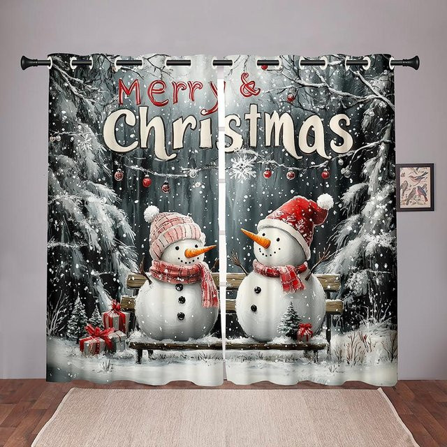 2er-Set Weihnachtsdekoration Vorhänge mit Schneemann-Motiv, halbtransparent, bunt, B/H: 50 x 50 cm - Bild 1