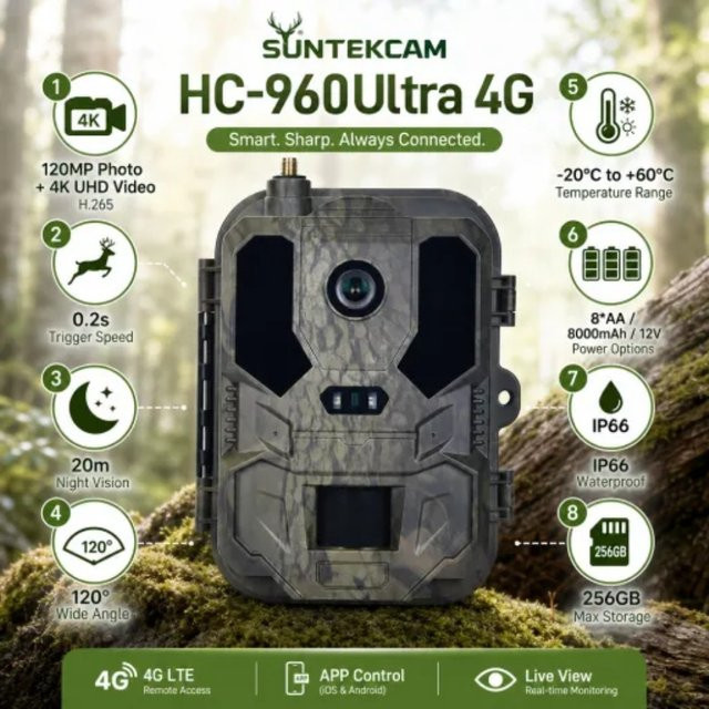 Suntekcam HC-960Ultra-Li Wildkamera mit 4K Auflösung und 120MP, kabellose Fotofalle mit SIM-Karte und IP65 Wasserdichtigkeit - Bild 1