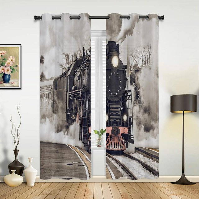 Halbtransparenter Vorhang mit Zug- und Eisenbahn-Motiv von Household supplies MH für Wohnzimmer, Küche oder Kinderzimmer, Mehrfarbig, Breite: 135 cm, Höhe: 135 cm - Bild 1