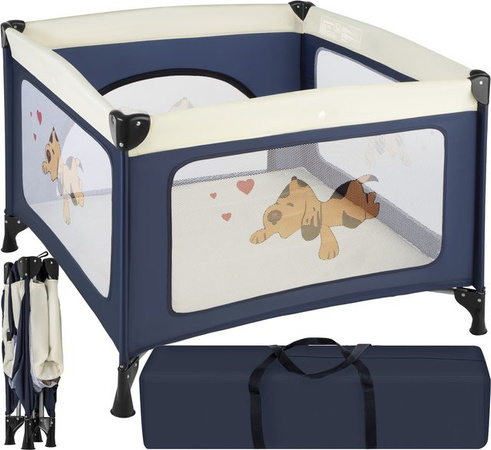 tectake Baby Laufstall Tommy Junior in Blau mit Tiermotiv, stabil und kompakt faltbar mit atmungsaktivem Mesh-Gewebe, B/T/H: 105 x 105 x 78 cm