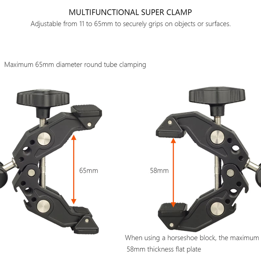 Probty Super-Klemme mit Dual-Kugelkopf-Magic-Arm und Cold Shoe in Schwarz für Smartphone und Action-Kameras wie GoPro oder DJI mit 1/4" und 3/8" Gewinde - Bild 2